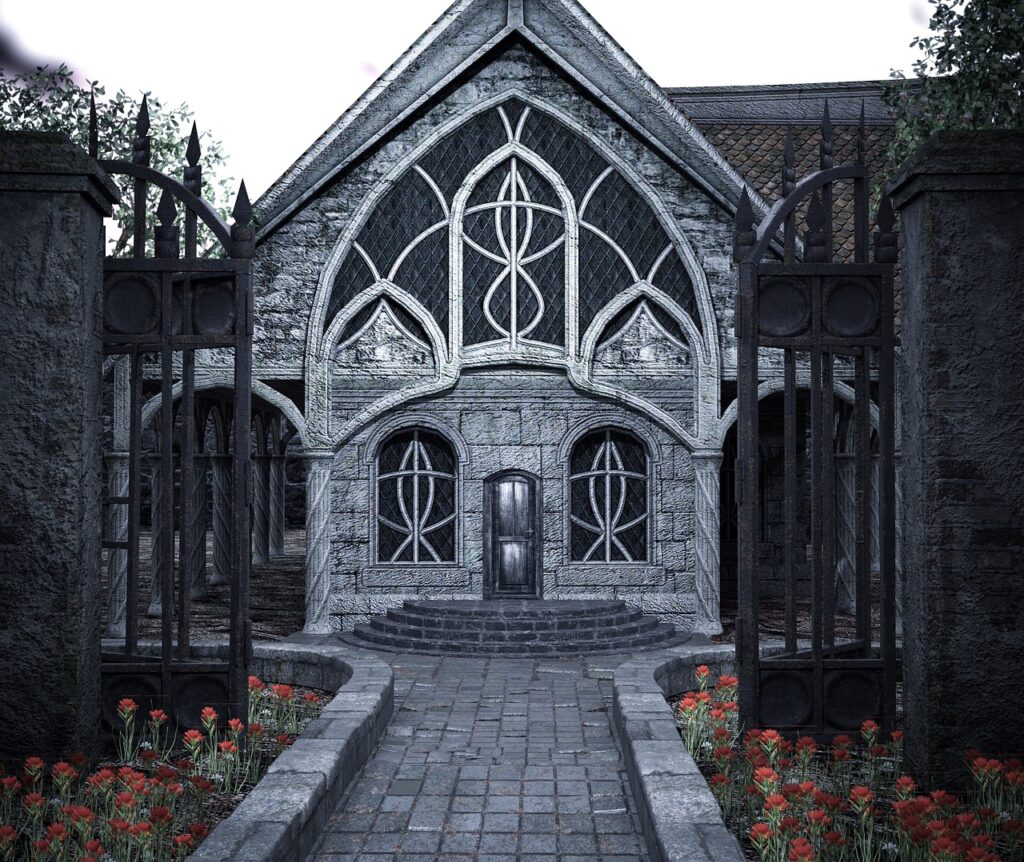 house, fantasy, place, dark, gate, home, building, atmosphere, architecture, villa, strange, door